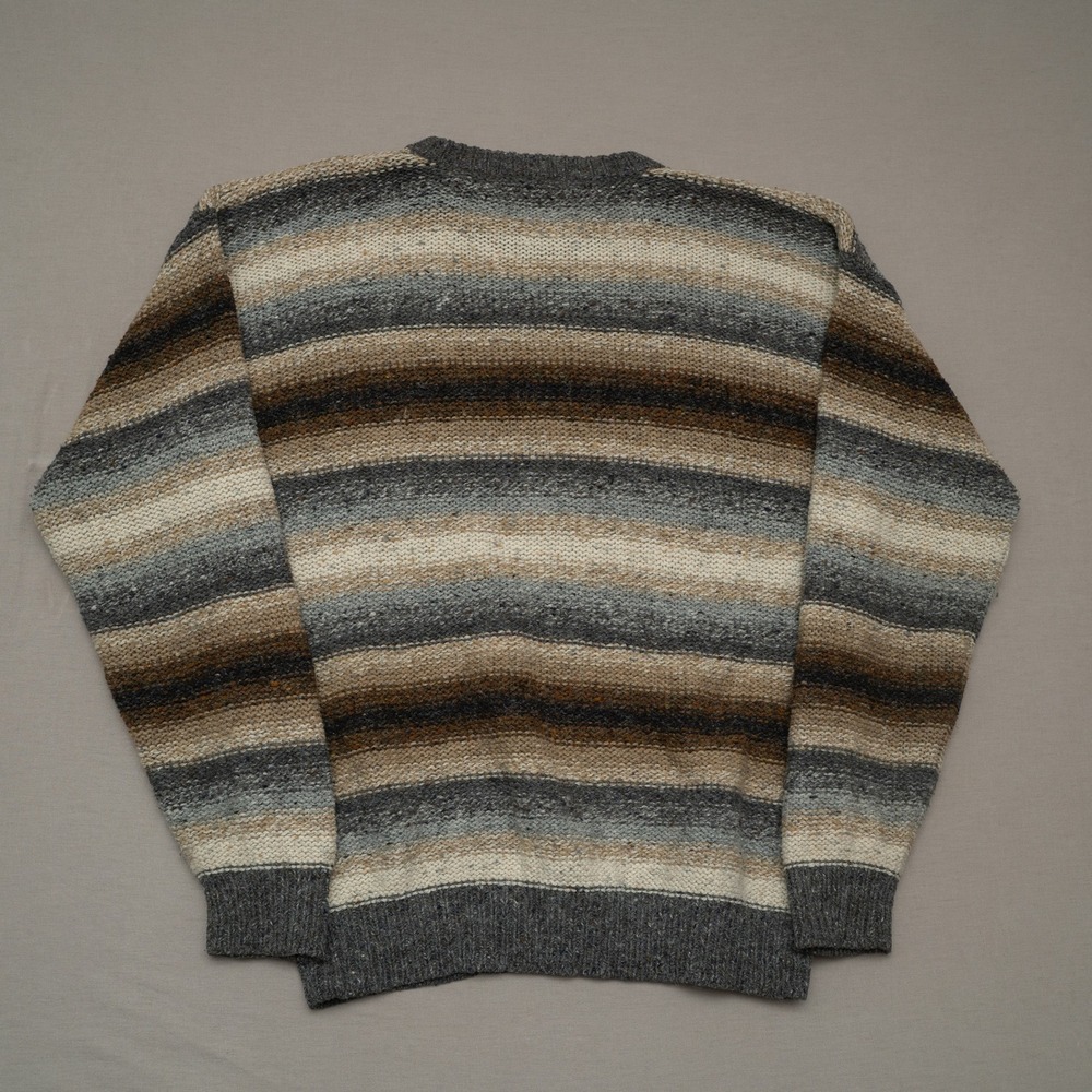 Vintage 80s 90s Striped Sweater Oversized Chill Lightweight Neutral Tan Gray - Picture 2 of 6